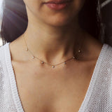 A classic must-have to complement any look, this rainfall 18k gold necklace features seven dangling set diamonds