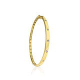 14K solid Gold (8.2g), 7 Diamonds (0.35 carats) A gorgeous classic bangle bracelet with 7 perfect diamonds that would go perfectly alone or stacked for the perfect arm candy! The bangle has a safety clasp to keep it in place. Available in Yellow, White and Rose Gold.