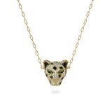 Diamond Tiger Necklace on a 18k Gold Chain with genuine emerald eyes. Available in Rose, White and Yellow Gold.