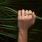 One of a kind Jaguar diamond ring, the ultimate statement piece, handmade and delicately crafted to bring forward every detail of the design. Simple open ring with dispersed diamonds and emerald eyes. 18k solid Gold