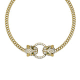 Specifications: 18K Solid Gold (2g), Diamonds (0.4 carats) Statement bracelet with a double Jaguar head design with green emerald eyes and diamond pavé setting. The bracelet is made of 18K gold with an adjustable chain for a perfect fit. Available to order in rose, white and yellow gold.