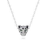 Diamond Tiger Necklace on a 18k Gold Chain with genuine emerald eyes. Available in Rose, White and Yellow Gold.