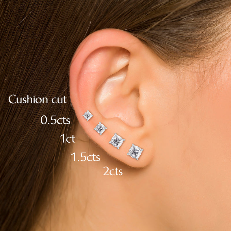 Diamond Halo Stud Earrings, White Gold Cushion Cut
