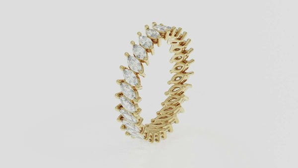 18k Pure Gold (3.5g) & ~2 carats of Marquise Diamonds (varies based on ring size).  Eternity Diamond Ring with slanted marquise diamonds setting making this ring a gorgeous statement piece or a unique wedding band!  Available in 18K white, rose & yellow gold.  