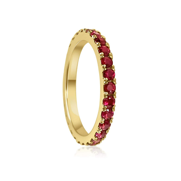 18K solid gold band of Rubies perfect for stacking. Band width ~2mm.