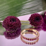 18K solid gold band of Rubies perfect for stacking. Band width ~2mm.