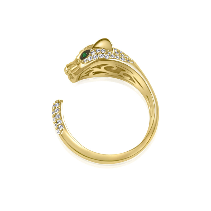 One of a kind Jaguar diamond ring, the ultimate statement piece, handmade and delicately crafted to bring forward every detail of the design. Simple open ring with dispersed diamonds and emerald eyes. 18k solid Gold