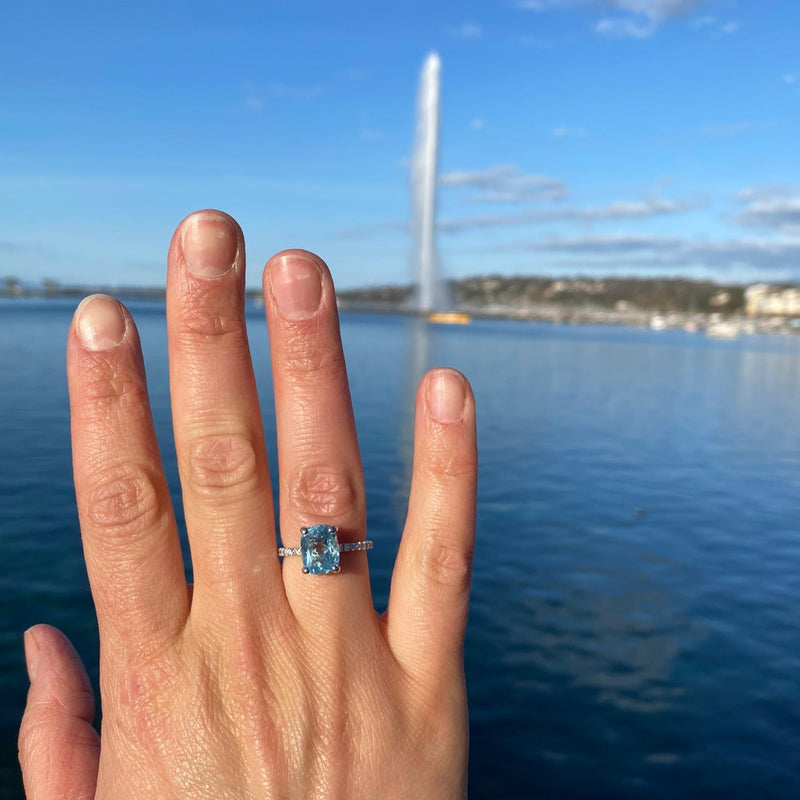 Cushion Aquamarine Diamond Halo Ring BAHIA Fine Jewellery