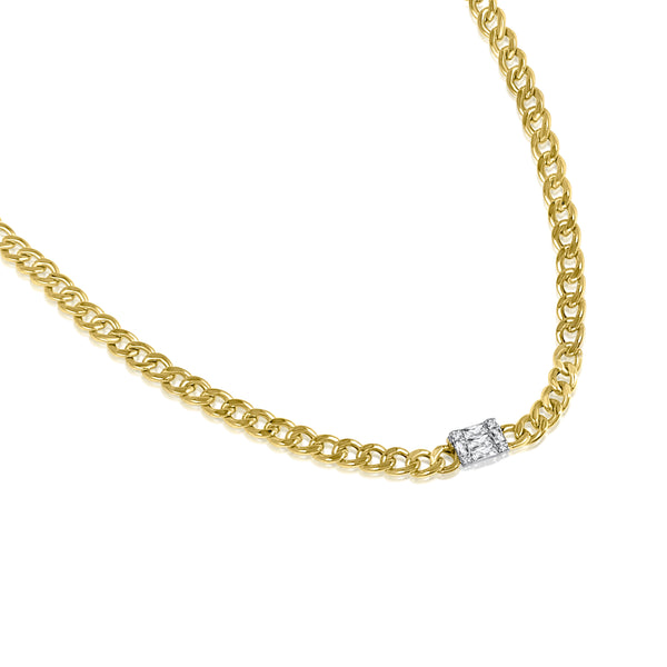Solid Gold Curb chain choker embellished with baguette diamonds 