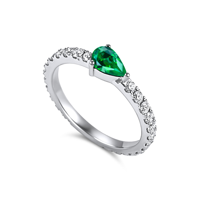 Full diamond Eternity band with a pear shaped Emerald Birthstone. 18K gold