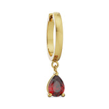 Specifications: 18K Gold (2.75g), 2 Red Garnet Pear Stones (0.8 carats)  A must in every girl’s jewelry box, these huggies are perfect for everyday wear and would complement any ear stack.   Sold as a pair. Available in 18k yellow, rose and white gold. 
