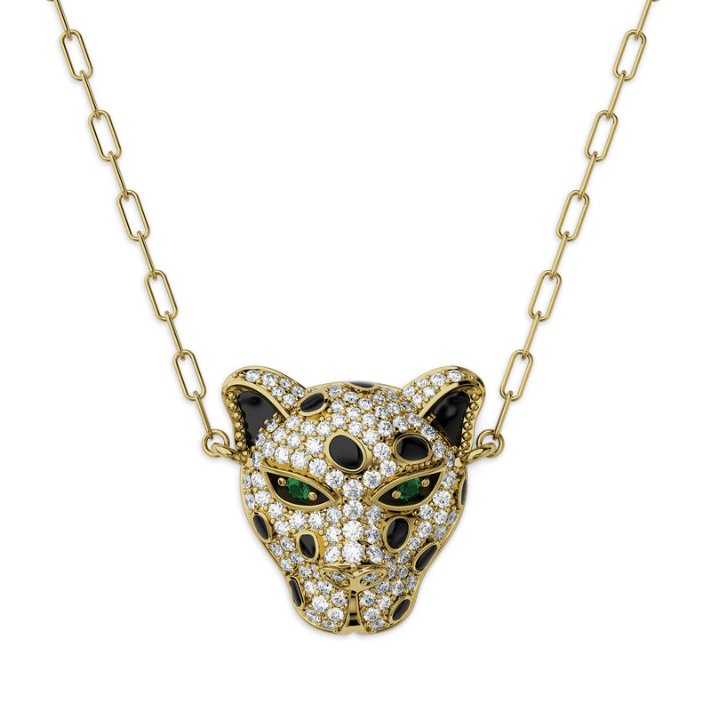 Diamond Tiger Necklace on a 18k Gold Chain with genuine emerald eyes. Available in Rose, White and Yellow Gold.